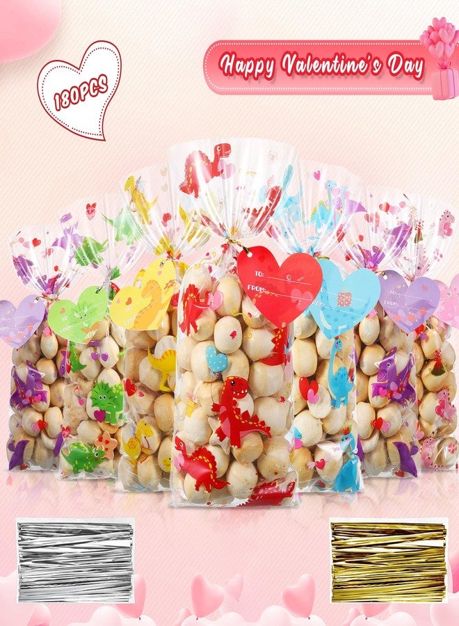 Tellingyou 180 Pcs Valentine's Day Cellophane Bags Bulk, Dinosaur Sweet Plastic Cello Candy Goodie Treat Bag with Heart Tag Twist Ties for Party Favors Warp - Image 3
